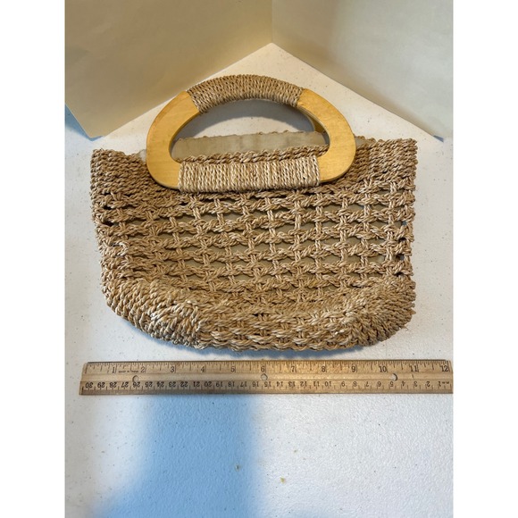 Handbags - Woven Straw Handbag Tan Summer Beach Bag Wood Top Handle Zipper Closure Boho